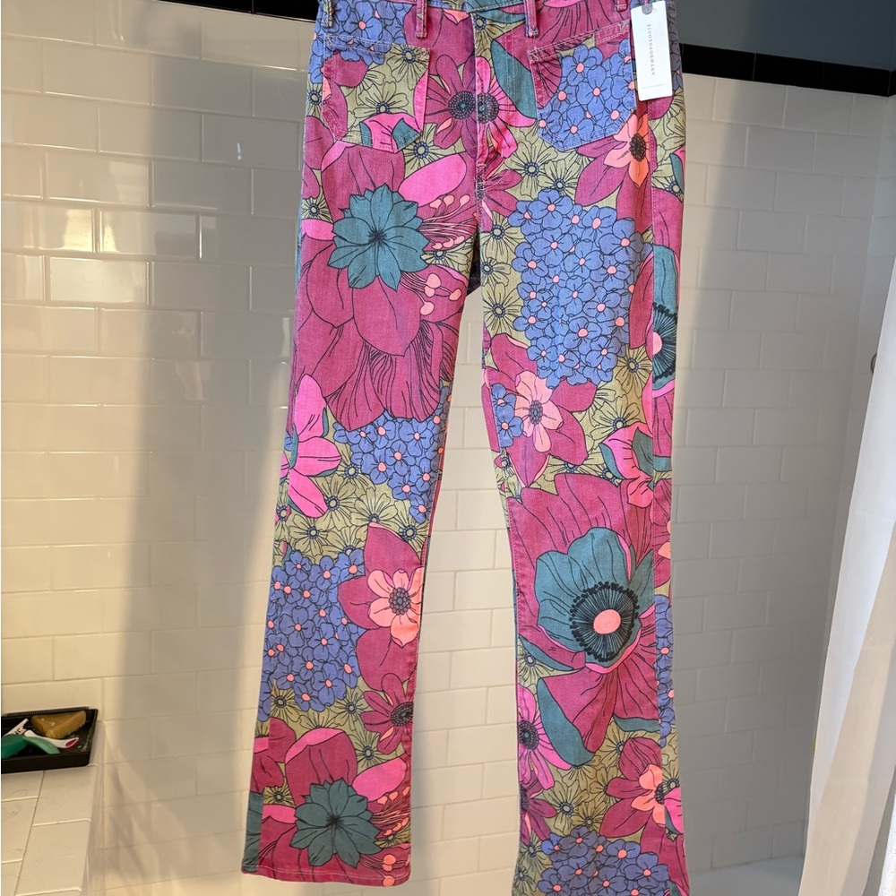 Mother brand Floral Patterned Pants in Pink and Blue denim